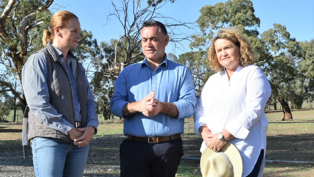 Yass Valley councillor Allison Harker discusses drought impacts with Deputy Premier John Barilaro and Goulburn MP Wendy Tuckerman. Photo: Neha Attre