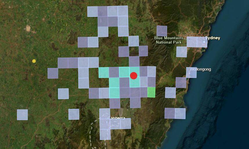 Map showing where tremors from the Taralga earthquake (yellow dot) on Thursday, May 22, 2024 were felt. Purple represents weak tremors, blue represents light tremors. Image by Geoscience Australia